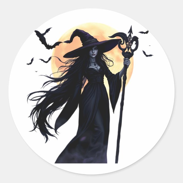 Mystical Witch under a Full Moon Classic Round Sticker (Front)