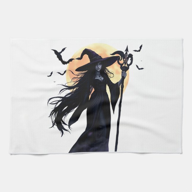 Mystical Witch under a Full Moon Tea Towel (Horizontal)