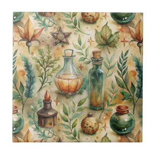 Mystical Witchcraft Bottles Green Brown Ceramic Tile