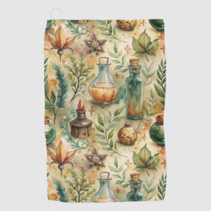 Mystical Witchcraft Bottles Green Brown Golf Towel