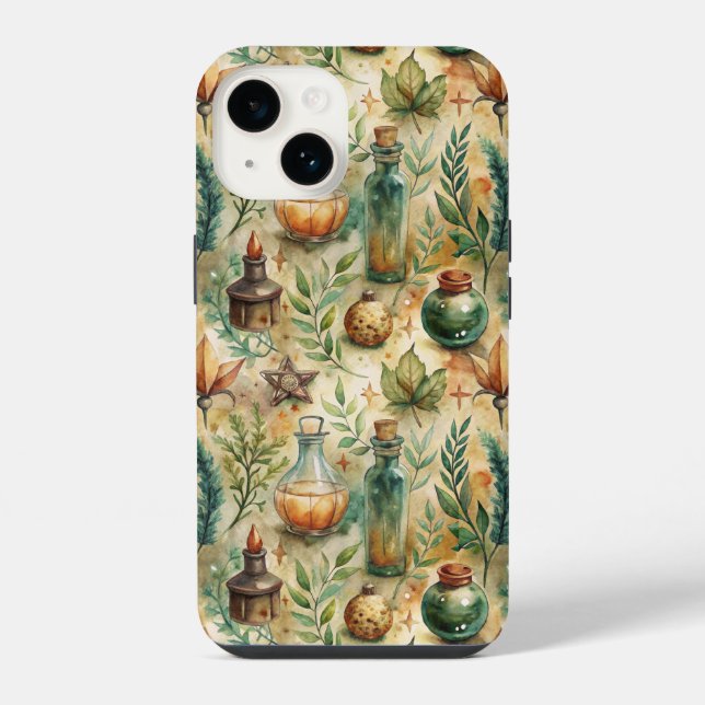 Mystical Witchcraft Bottles Green Brown iPhone Case (Back)