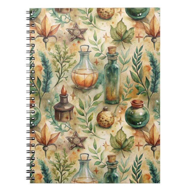 Mystical Witchcraft Bottles Green Brown Notebook (Front)