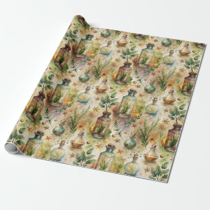 Mystical Witchcraft Bottles Green Brown Wrapping Paper