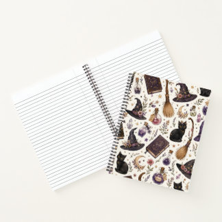 Mystical Witchy Halloween Pattern with Black Cats Notebook