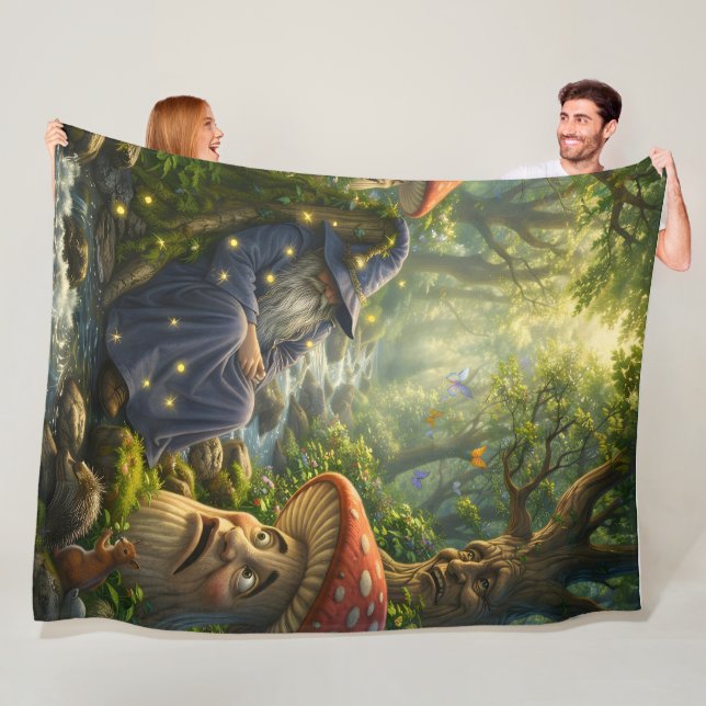 Mystical wizard and glowing fireflies, enchanted f fleece blanket (In Situ)