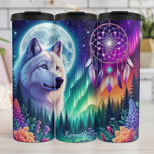 Mystical Wolf Dreamcatcher Under Glowing Moon Sky Thermal Tumbler (Creator Uploaded)