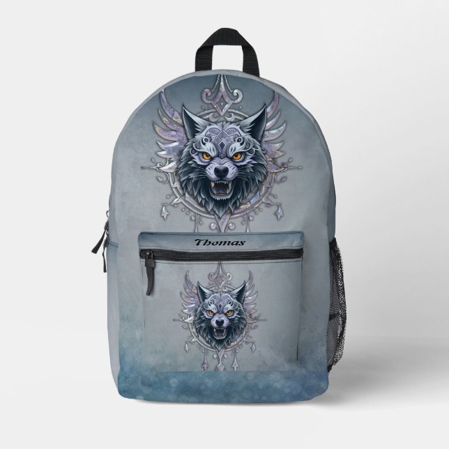 Mystical wolf head.  printed backpack (Front)