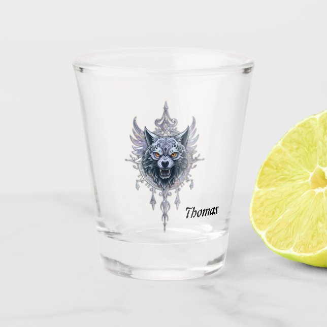 Mystical wolf head.  shot glass (Front)