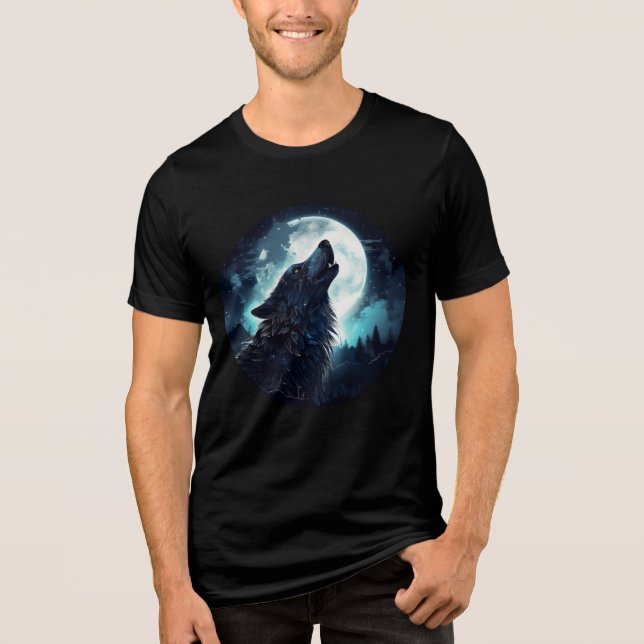 Mystical Wolf Howling at Full Moon Tri-Blend Shirt (Front)