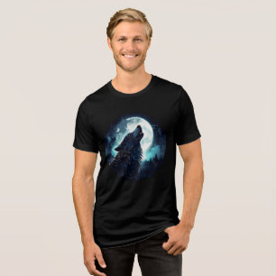 Mystical Wolf Howling at Full Moon Tri-Blend Shirt