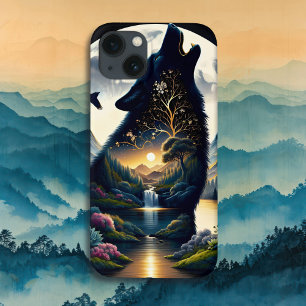 Mystical Wolf Howling at Moon Surreal iPhone 13 Case