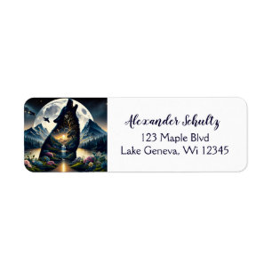 Mystical Wolf Howling at Moon Surreal Personalised Return Address Label
