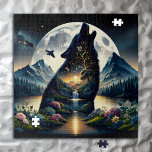Mystical Wolf Howling at the Moon Surreal Ai Art Jigsaw Puzzle<br><div class="desc">Picture within a picture. Double exposure art depicting a wolf howling at the moon with a mountains and forest and mounatains background.</div>