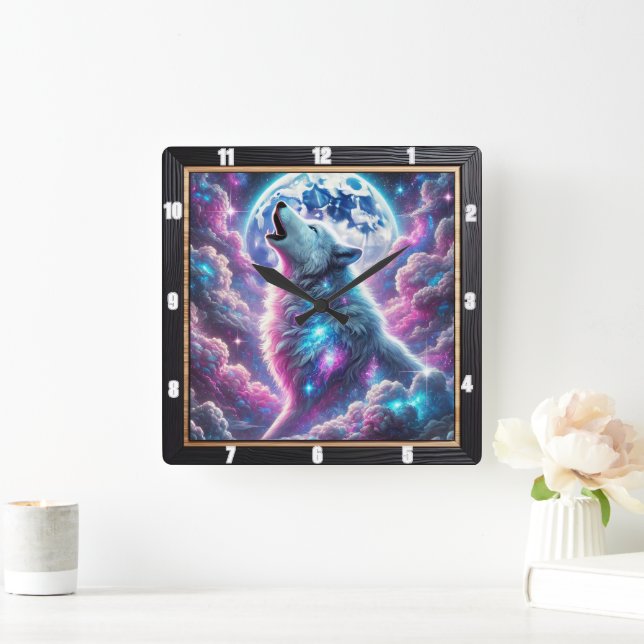 Mystical Wolf Howling Under Vibrant Cosmic Moonlit Square Wall Clock (Home)