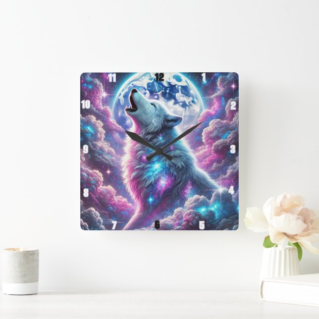 Mystical Wolf Howling Under Vibrant Cosmic Moonlit Square Wall Clock (Home)