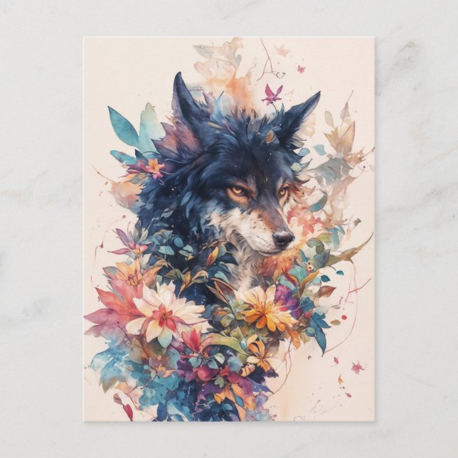 Mystical Wolf in Vibrant Watercolor Blooms Postcard (Front)
