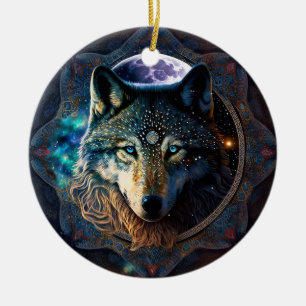 Mystical Wolf Moon Mandala Ceramic Ornament