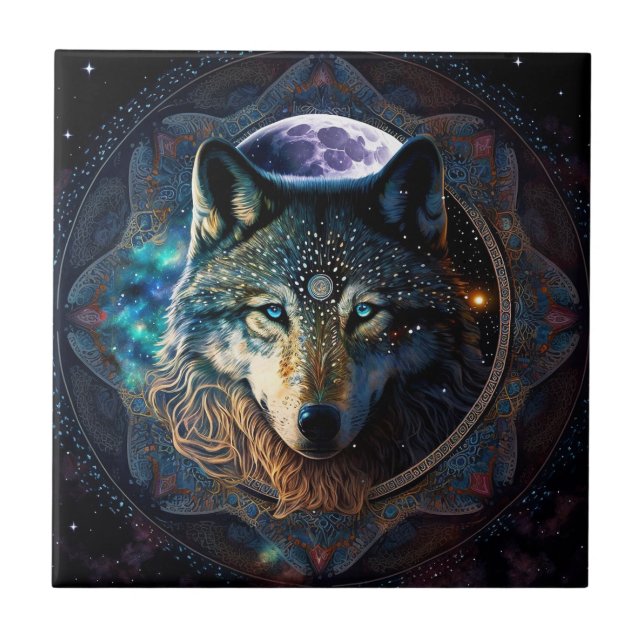 Mystical Wolf Moon Mandala Ceramic Tile (Front)