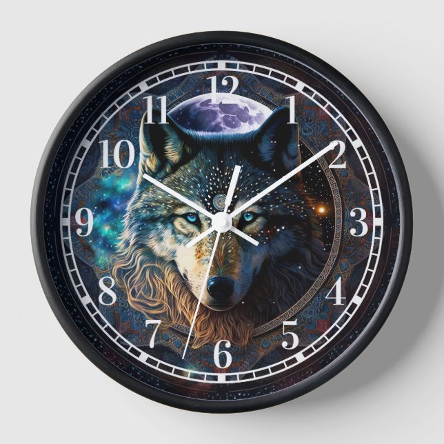 Mystical Wolf Moon Mandala Clock (Front)