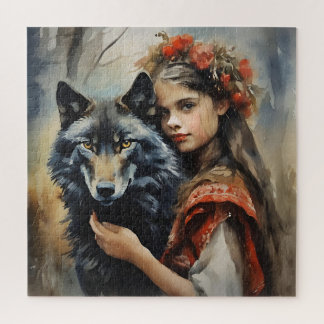 Mystical Wolf & Slavic Girl Fantasy Jigsaw Puzzle
