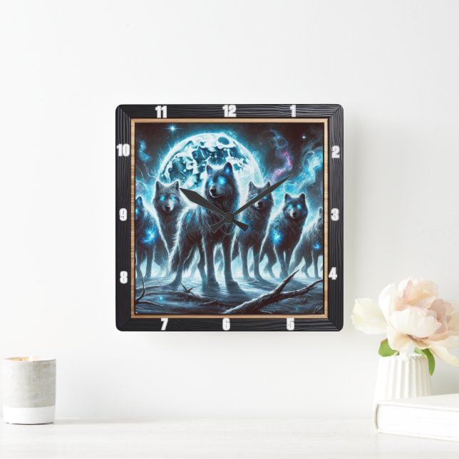 Mystical Wolves in Moonlit Forest Blue Glow Square Wall Clock (Home)