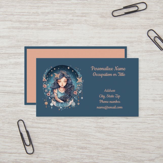 Mystical Woman Celestial Moon Stars Spiritual Business Card (Front/Back In Situ)