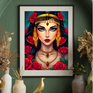 Mystical Woman with Blue Eyes and Red Roses  Poster