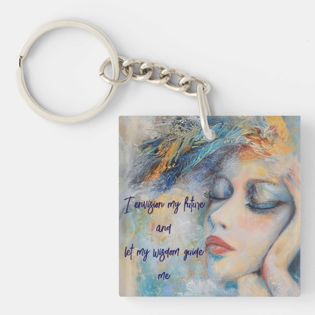 Mystical Woman With Feathers Acrylic Keychain (Front)