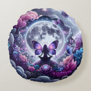 Mystical Zen Butterfly Fairy Full Moon Cosmic Round Cushion