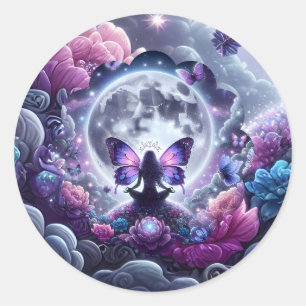 Mystical Zen Butterfly Fairy Full Moon Fantasy Art Classic Round Sticker
