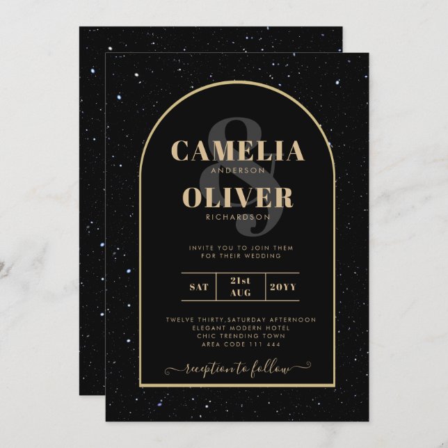 Mystique BLACK GOLD Starry Night Wedding Invitation (Front/Back)