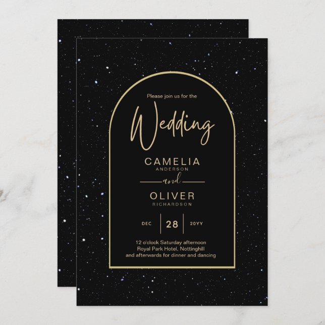 Mystique BLACK GOLD Starry Night Wedding Invitation (Front/Back)