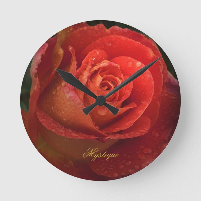 Mystique Dark Botanical Red Orange Rose Clock (Front)
