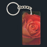 Mystique Dark Botanical Red Orange Rose Keyring<br><div class="desc">This elegant double-sided accessory features my original macro photography of a vibrant rose, captured in the moody and sophisticated "Dark Botany" style. The front side showcases rich, deep tones and the exquisite detail of fresh dew drops. The reverse side offers a minimalist contrast: a clean white background featuring an elegant...</div>