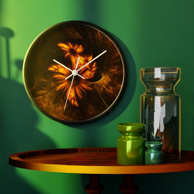 Mystique Garden Golden Abstract Fractal Art Large Clock (Mystique Garden Abstract Art Round Wall Clock)