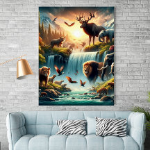 Mystique Land Wildlife Waterfall Fantasy Poster