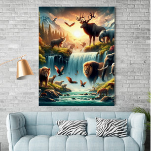 Mystique Land Wildlife Waterfall Fantasy Poster