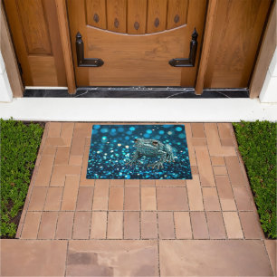 Mystique of the Blue Dimentee Frog On Blue Bokeh Doormat