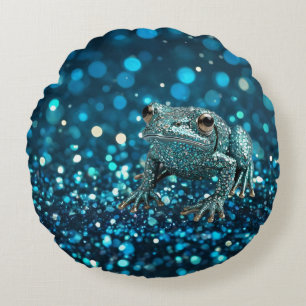 Mystique of the Blue Dimentee Frog On Blue Bokeh Round Cushion