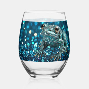 Mystique of the Blue Dimentee Frog On Blue Bokeh Stemless Wine Glass