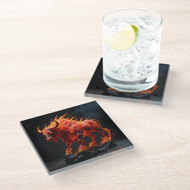Mythic Fire Bull Glass Coaster (Angled)