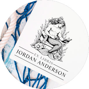 Mythic Masculine Merman Ex Libris Library Book Rubber Stamp