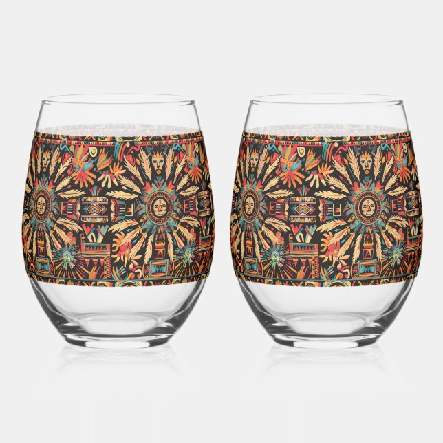 Mythic Sapphire "Aztec Dream" 16oz Stemless Wine G Stemless Wine Glass (Front)