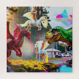 Mythical and Prehistoric Pegasus, Dragon, Dinosaur Jigsaw Puzzle