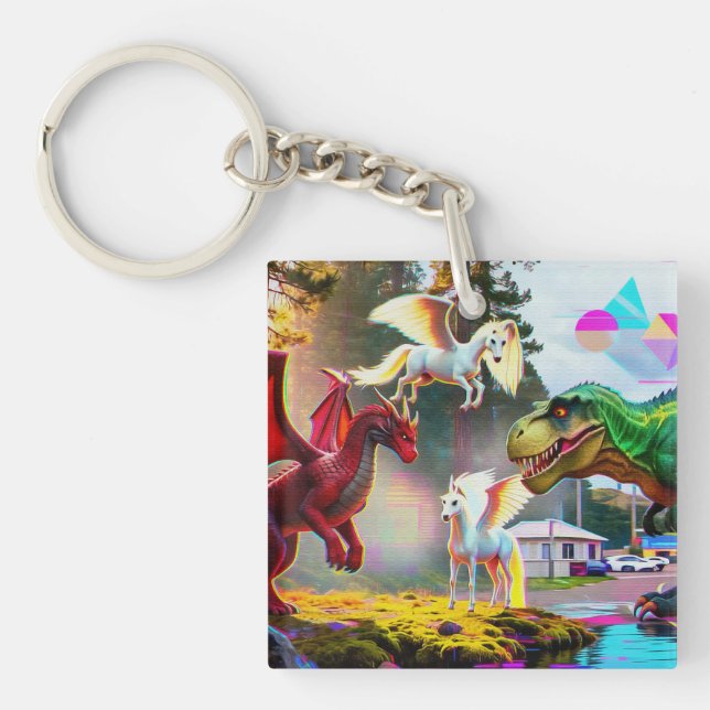 Mythical and Prehistoric Pegasus, Dragon, Dinosaur Key Ring (Front)