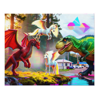 Mythical and Prehistoric Pegasus, Dragon, Dinosaur Photo Print