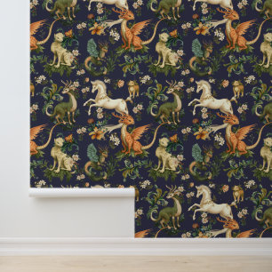Mythical Animals Forest Creatures Dark blue Wallpaper