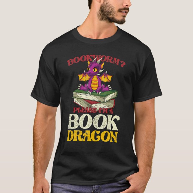 Mythical Creature Bookworm  Reading Book Dragon T-Shirt (Front)