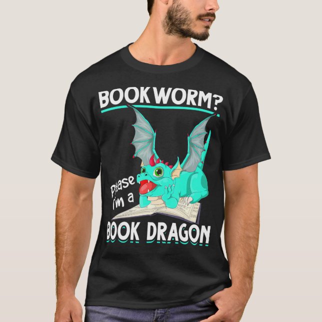 Mythical Creature Reading Bookworm  Book Dragon T-Shirt (Front)