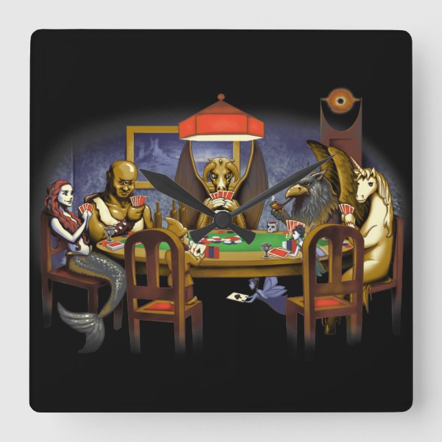 Mythical Creatures Playing Poker Square Wall Clock (Front)
